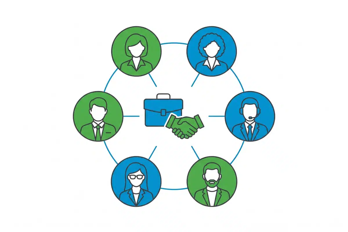 Vernetzte Business-Profile mit Aktenkoffer und Handschlag als Symbol für B2B-Networking