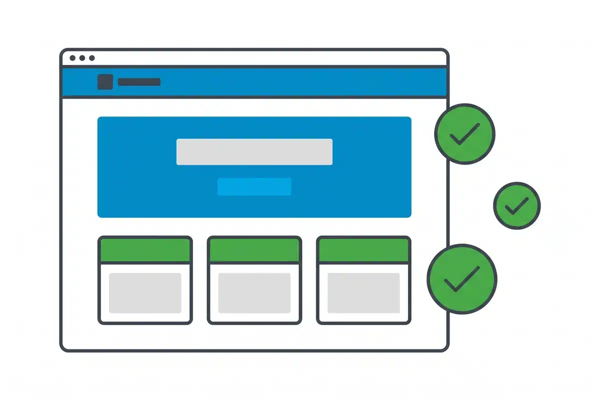 Wireframe einer gut strukturierten Website mit Header, Hero-Bereich, Inhaltskarten und Häkchen
