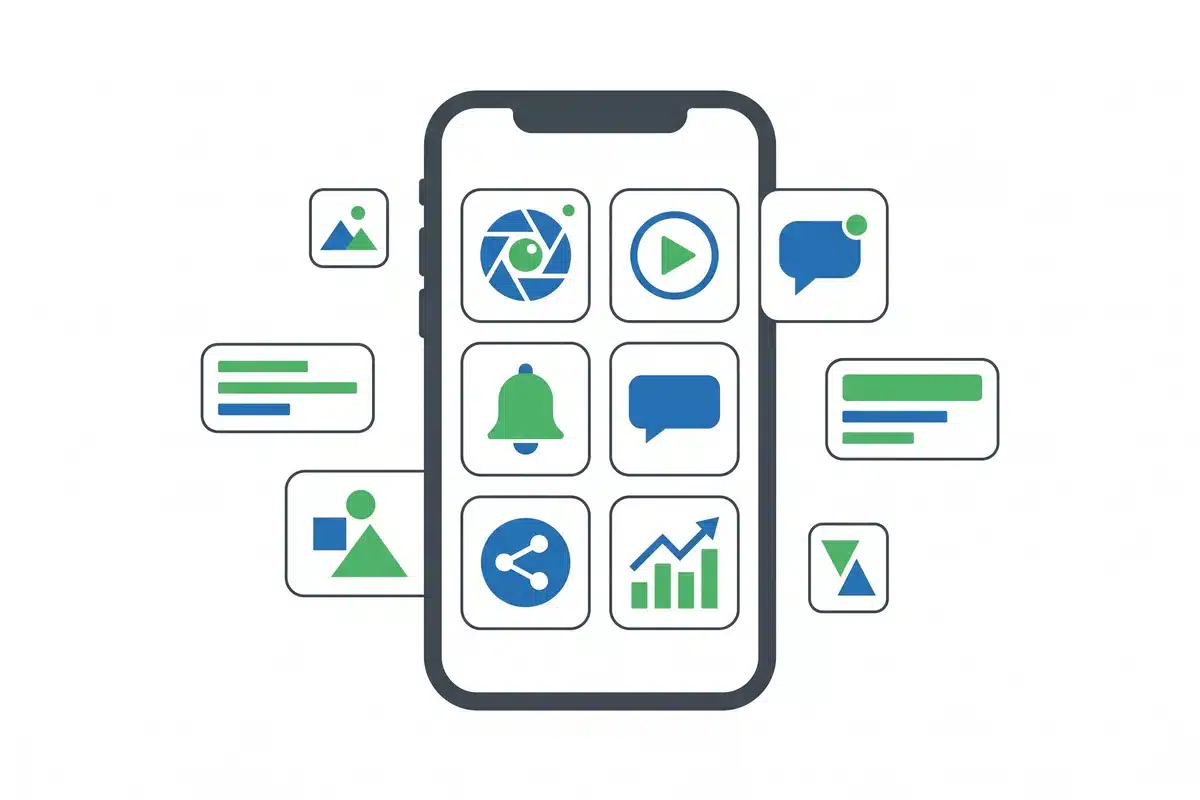 Smartphone mit App-Kacheln als Symbol für plattformspezifische Social-Media-Tools